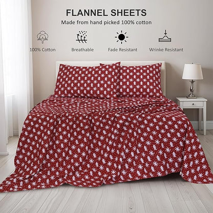 RUVANTI Flannel Sheets Full Size - 100% Cotton Double Brushed Bed Sheets Set, Deep Pockets 16 Inches, All Seasons Breathable & Extra Soft Full Sheets, Warm & Cozy, 4 Piece, Red Christmas