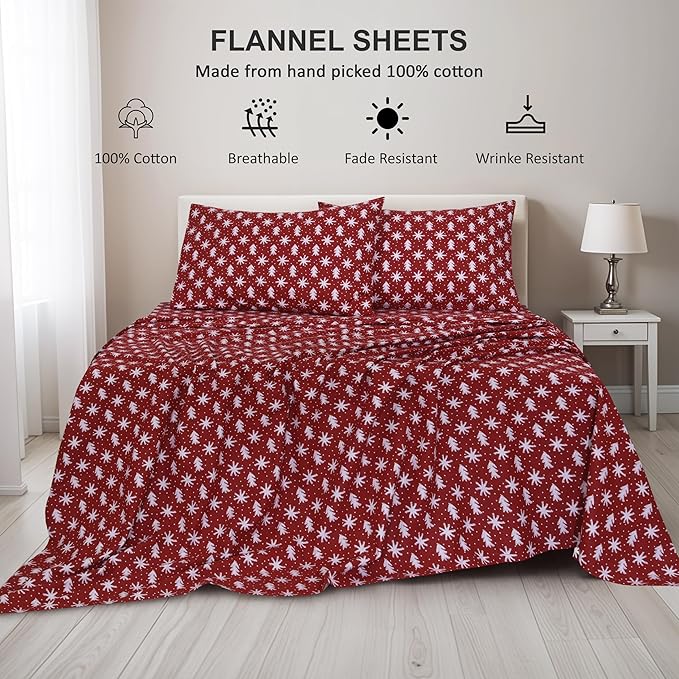 RUVANTI Flannel Sheets Twin Size - 100% Cotton Double Brushed Twin Sheets Set, Deep Pockets 16 Inches, All Seasons Breathable & Extra Soft Bed Sheets, Warm & Cozy, 3 Piece, Red Christmas