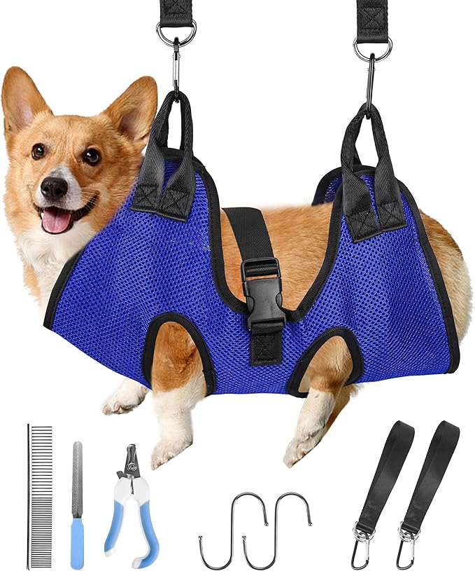 PatiencET Dog Grooming Hammock, Pet Grooming Hammock for Cats & Dogs, Dog Holder for Nail Trimming, Cat Sling for Nail Trimming with Nail Clippers/Trimmer, Nail File, Pet Comb(S)-Mewly Pet