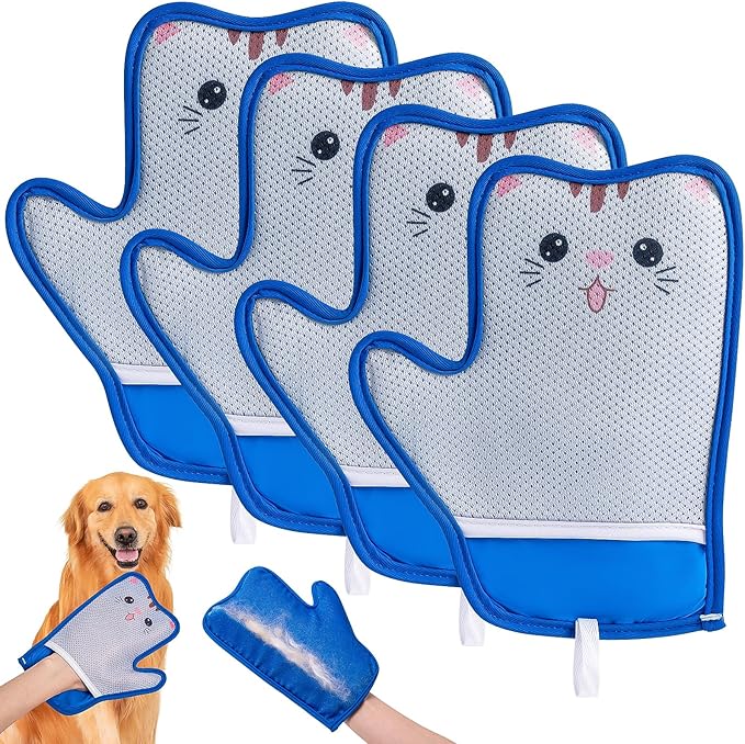 Haiou 4 Pcs Pet Hair Removal Gloves Washable, Magic Brush Reusable Grooming Gloves for Dogs, Cats on Furniture, Beds, Cars Quick Fur Remover Tool-Mewly Pet