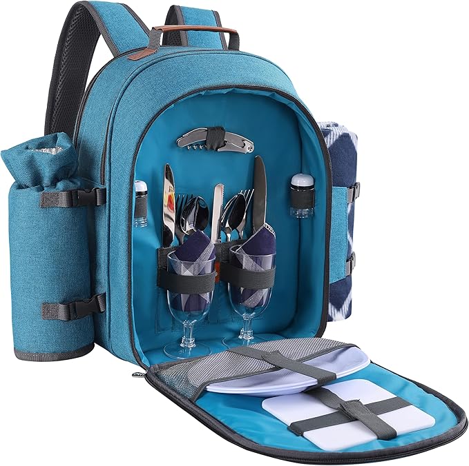 Apollo Walker Picnic Backpack Set for 2 Person with Cooler Compartment, Detachable Bottle/Wine Holder, Fleece Blanket, Plates and Cutlery Set (Teal)-Mewly Pet