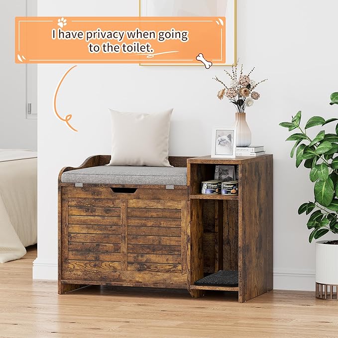 TrailBlaze Litter Box Enclosure with Top Opening&Scratching Mat, Cat Litter Box Furniture with Cushion Litter Box Hidden Wooden Cat Washroom Farmhouse Style Cat House for Hallway, Bedroom, Retro-Mewly Pet