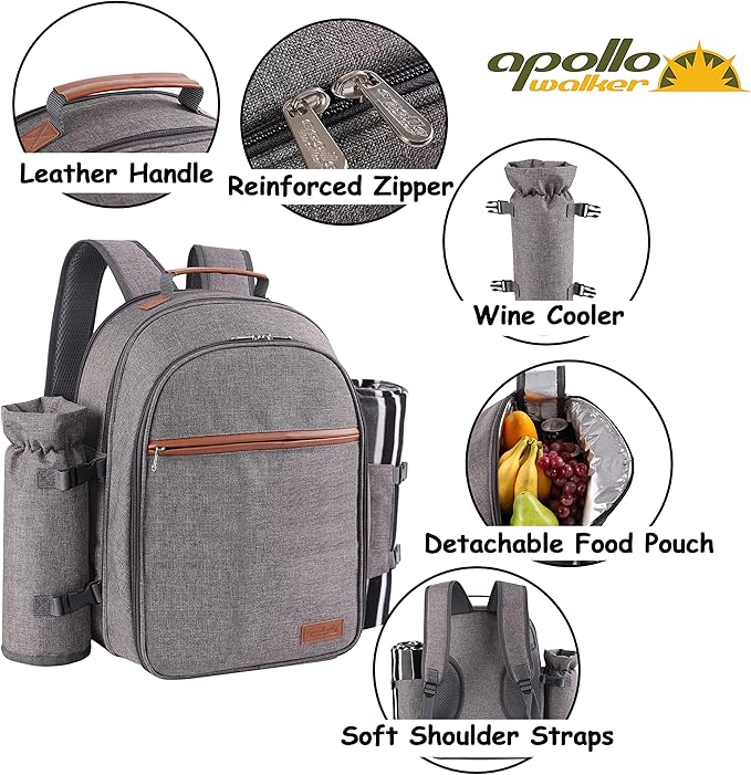 Apollo Walker Picnic Backpack Set for 2 Person with Cooler Compartment, Detachable Bottle/Wine Holder, Fleece Blanket, Plates and Cutlery Set-Mewly Pet