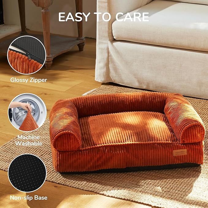 FUKUMARU Dog Couch Bed, Corduroy Cozy Cat Bed for Indoor Cats with Washable Cover, Supportive Waterproof Dog Beds Sofa for Small Dogs and Large Cats Cute, 28inch, Medium, Orange-Mewly Pet