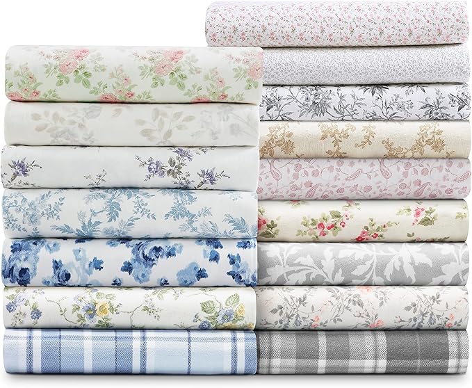 Laura Ashley - Flannel Sheets King Size, Anti-Pilling & Wrinkle Resistant Cotton, Touchably Soft for All-Season Comfort - Bed Sheets with Matching Pillowcases & Fitted Sheet (Faye Toile Black)