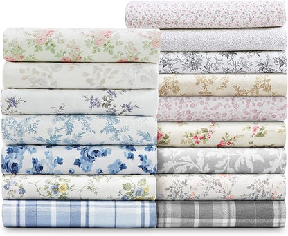 Laura Ashley - Flannel Sheets Full Size, Anti-Pilling & Wrinkle Resistant Cotton, Touchably Soft for All-Season Comfort - Bed Sheets with Matching Pillowcases & Fitted Sheet (Faye Toile Black)
