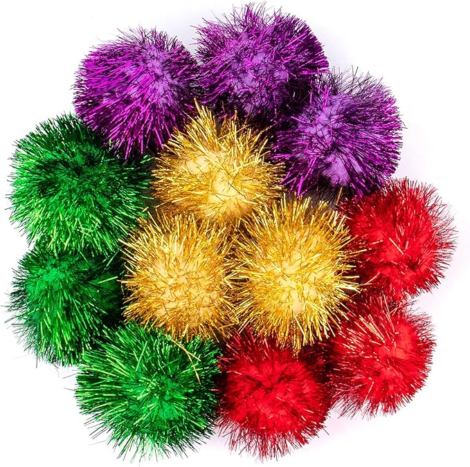 AUEAR, 12 Pack 2 Inch Sparkle Ball Shiny Glitter Tinsel Pom Poms Interactive Cat Balls for Kittens (4 Colors, 12 Inch-12 Pack)-Mewly Pet