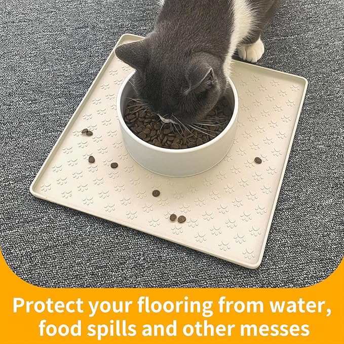 Ptlom Pet Placemat for Dog and Cat, Waterproof Non-Slip Silicone Feeding Bowl Mat Prevent Food and Water Overflow, Puppy Dish Feeder Fountain Trays Suitable for Medium and Small Pets, Beige-Mewly Pet
