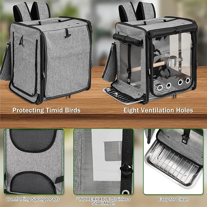 Suertree Bird Carrier with Seat Belt for Car Travel, Bird Backpack Carrier with Indestructible Stainless Steel Mesh, Large Bird Carrier Travel Cage, Grey-Mewly Pet