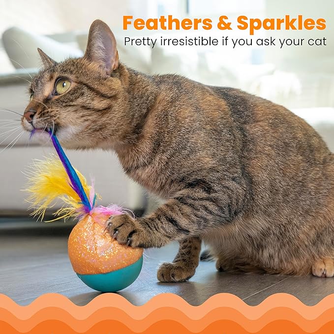 Catstages Whack N' Wobble Ball Intearctive Cat Toy, Weighted Ball with Feathers, Bell, Glitter Fabric & Catnip Oil, Turquoise-Mewly Pet