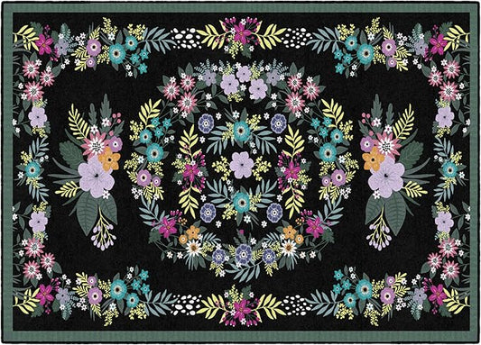 Flagship Carpets Schoolgirl Style Vintage Floral Educational Area Rug for Kids Room Seating Décor, Children's Classroom, Play Carpet for Teaching and Playroom, 5' x 7'6", Black & Multi