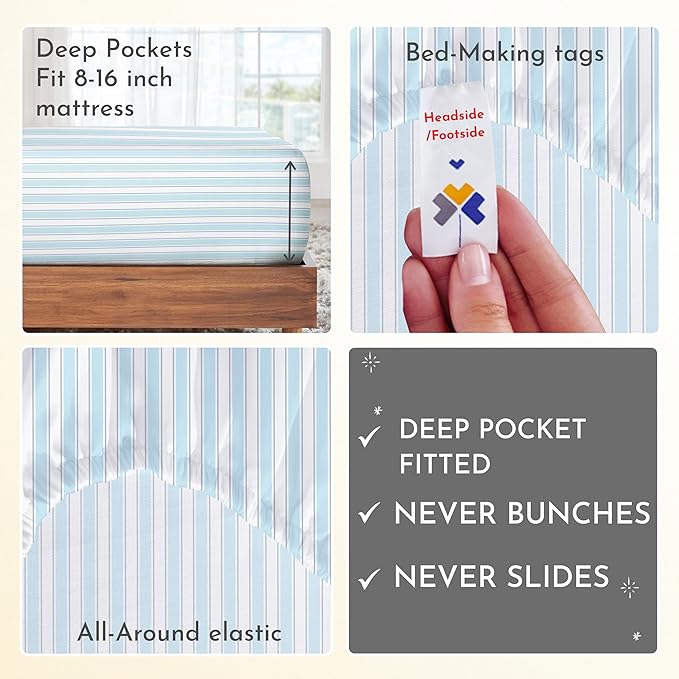 California Design Den Queen Sheet Set - 400 Thread Count Sateen, Natural 100% Cotton Bed Sheets Queen Size, Deep Pocket Cooling and Durable Bedding - Cape Stripe