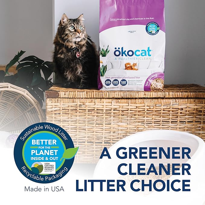 ökocat Less Mess Low Tracking Wood Clumping Cat Litter Mini- Pellets, Unscented, 21.5 pounds - Natural Ingredients, Stops Odor, Clumps Solid, 99% Dust Free, Great for Long-Hair Breeds-Mewly Pet