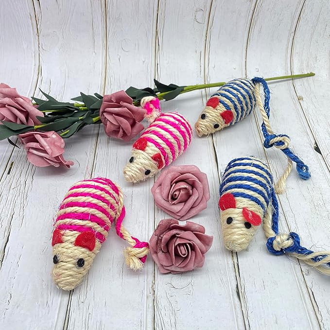 LUOZZY 4Pcs Cat Mouse Toys Adorable Sisal Mice Toys Kitten Chewing Toy Funny Indoor Animal Shape Props Pet Supplies - Blue+Pink 1.38x5.11in-Mewly Pet