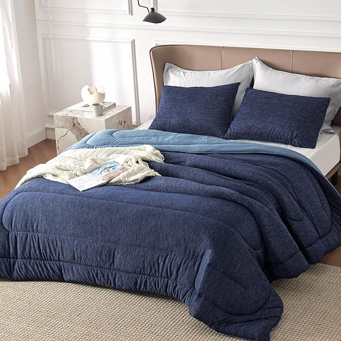 Bedsure Full Comforter Set - Cooling and Warm Bed Set, Navy Blue Reversible Bedding for All Season, 3 Pieces, 1 Full Size Comforter (82"x88") and 2 Pillow Cases (20"x26")