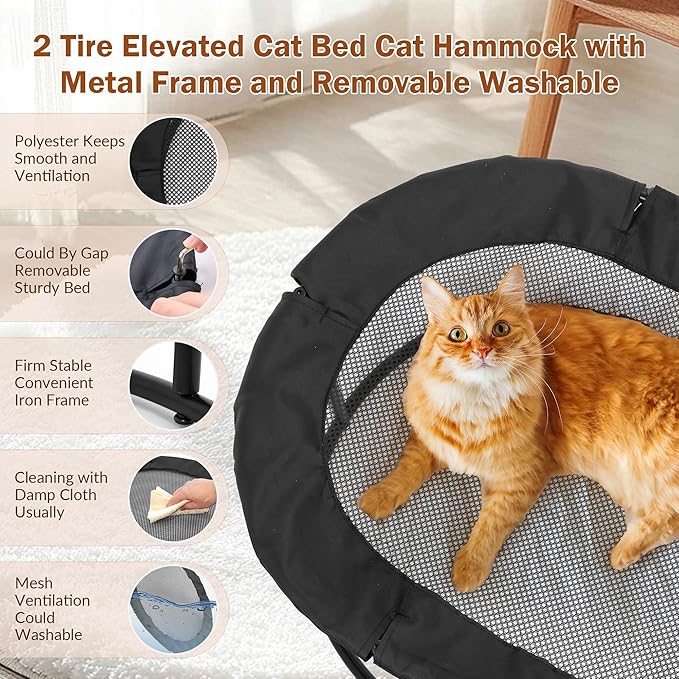Defined Deco 2 Tier Elevated Cat Hammock Bed, Furniture Cat Bed Breathable Comfortable, Raised Cool Ca t Hammock for Indoor Cats, with Removable Mesh and Steel Frame for Summer-Mewly Pet