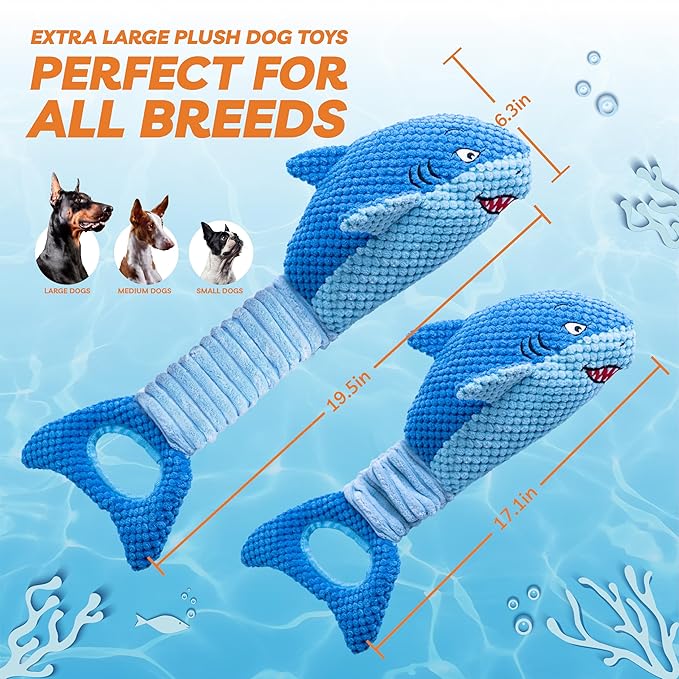 Dog Toys for Large Dogs, Squeaky Dog Toys for Aggressive Chewers, Plush Dog Chew Toys for Teething, Interactive Shark Dog Toys to Keep Them Busy Tug Of War Puppy Toys for Small,Medium,Large Breeds-Mewly Pet