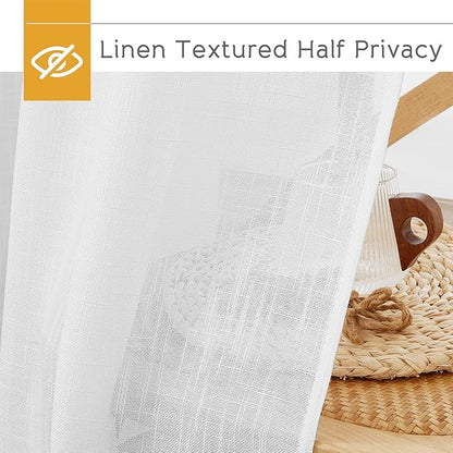 RYB HOME White Sheer Curtains for Living Room - Privacy Linen Fabric Semitransparent Farmhouse Country Curtains Light & Airy for Patio Door Bedroom Bay Window, W 52 x L 90 inch, 2 Panels