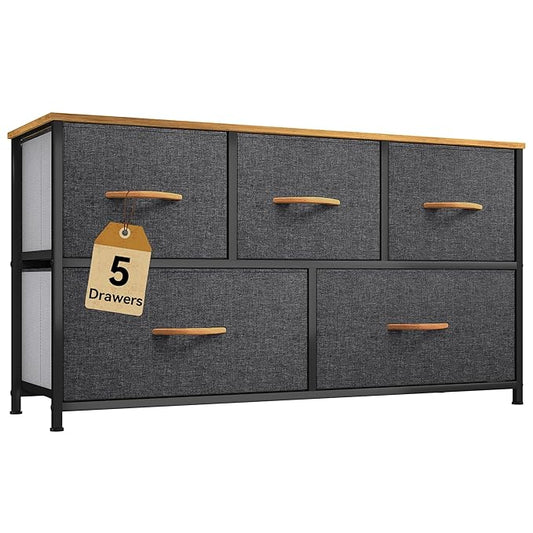 DWVO Dresser for Room with 5 Drawers - Fabric Storage Tower, Long Fabric Dresser, Organizer Unit for Closet, Hallway