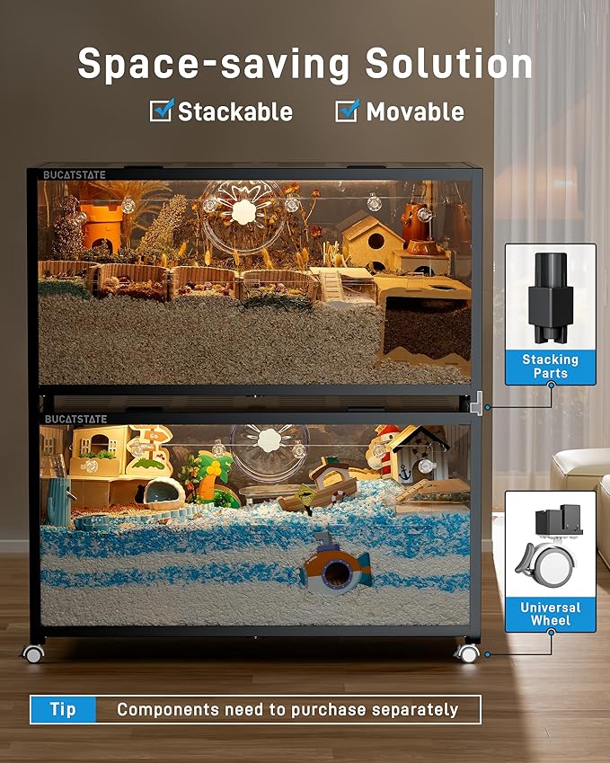 BUCATSTATE Hamster Cage Metal 3.0 - Chewproof Large Rat Cage Stackable with Top Access Easy Assemble 47L x 23.6W x 25.5H Inches Dwarf Syrian Hamster Tank for Gerbil Mouse (7.75 ft², Black)-Mewly Pet