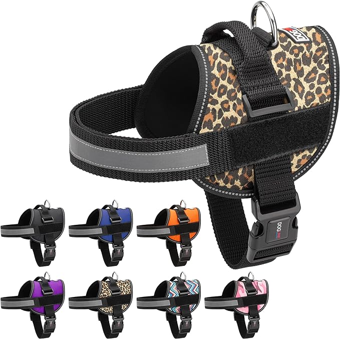 Dogline Dog Harness, Reflective No-Pull Adjustable Vest with Handle for Walking, Training, Breathable, No - Choke Harness for Small, Medium or Large Dogs Room for Patches Leopard Brown L 27"-34"-Mewly Pet