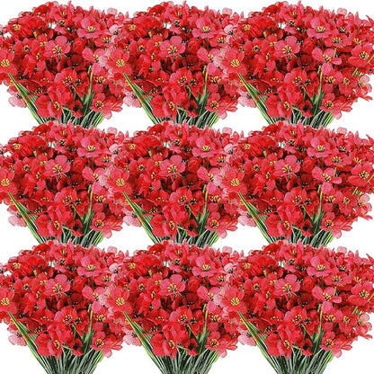 Lyrow 100 Bundles Violet Artificial Flowers, UV Resistant Faux Flowers Outdoor, Faux Silk Flowers, Fake Violet Flowers Bulk for Front Porch Hanging Garden Courtyard Farmhouse Home(Red)