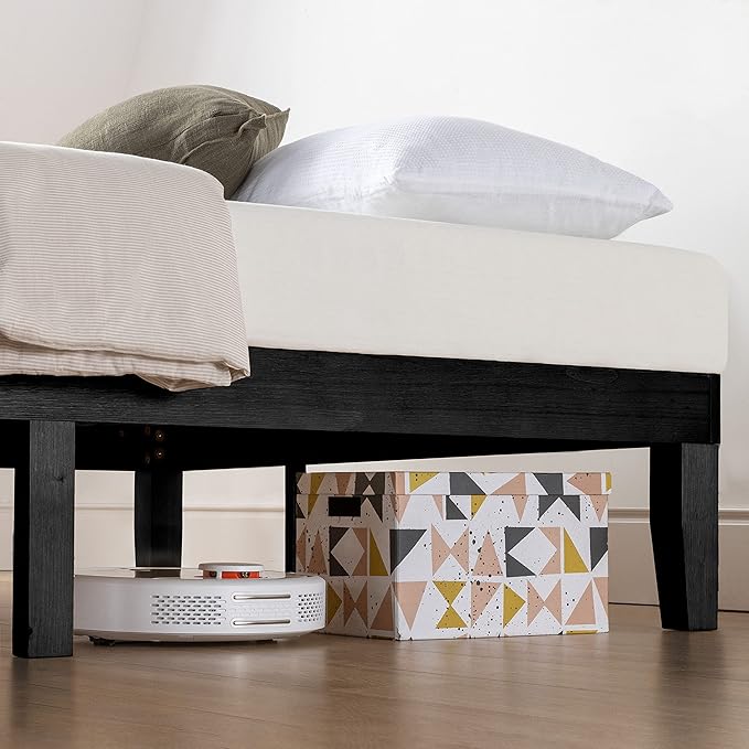 Mellow Naturalista Classic 12 Inch Solid Wood Platform Bed with Wooden Slats, Queen, Black