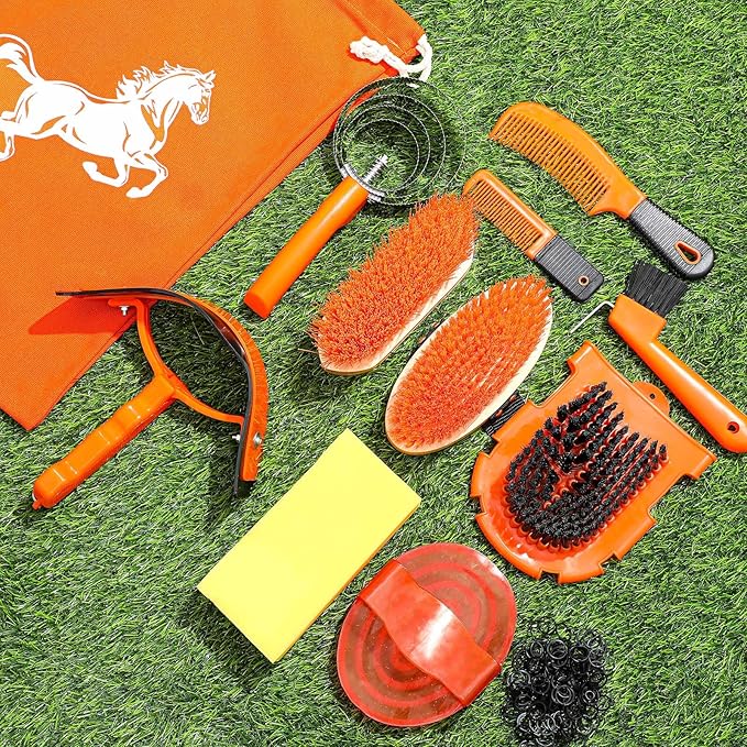 Abbylike 12 Pieces Horse Grooming Kit Racing Festival Tack Room Supplies Horse Brush Sets Equine Care Cleaning Kit Shedding Grooming Massaging Tools(Orange)-Mewly Pet