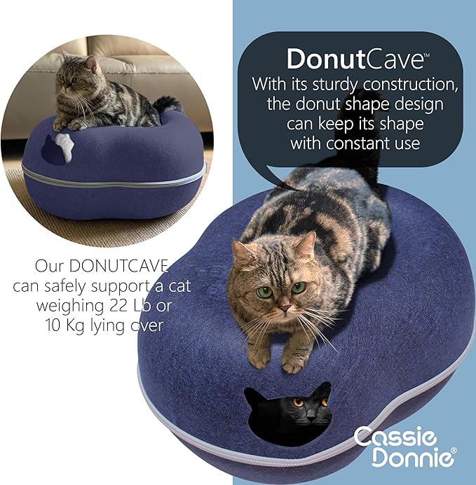 Cat Tunnel Bed for Indoor Cats, Medium Large, Donut Cave House up to 22 Lbs, Spacious for 2 Kittens (Dark Blue)-Mewly Pet