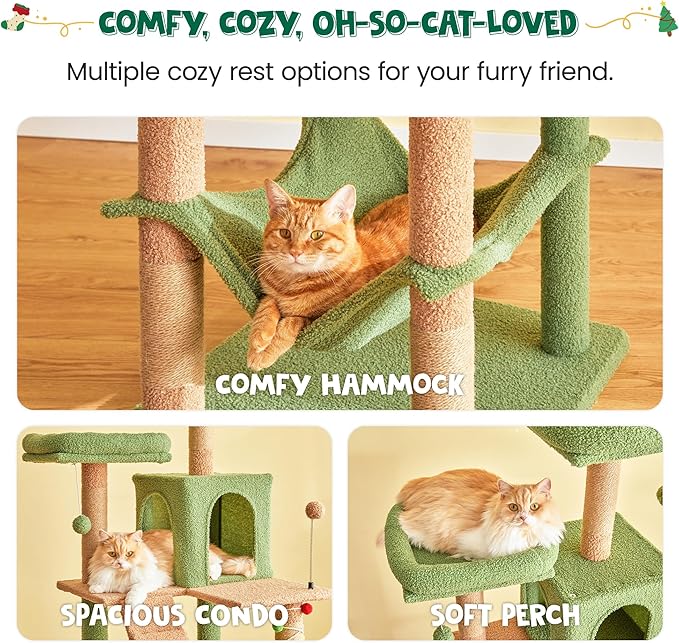 MWPO 70.1-Inch Green Large Cat Tree, Multi-Level Tall Cat Tower for Indoor Cats, Plush Cat Condo with Big Padded Perches, Sisal-Covered Scratching Posts, Hammock, Toys for Kittens & Cats-Mewly Pet