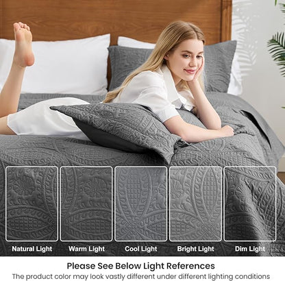 Love's cabin Quilts for Full Bed Dark Grey Bedspreads Bedding Set - Lightweight Bedspread Comforter - Coin Pattern Bedding Coverlet for All Season - 3 Pieces (1 Quilt, 2 Pillow Shams)