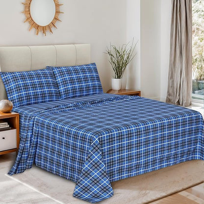 RUVANTI Flannel Sheets Queen Size - 100% Cotton Double Brushed Bed Sheets, Deep Pockets 16 Inches Queen Sheet Set, All Seasons Breathable & Extra Soft - Warm & Cozy, 4 Piece, Blue Plaid