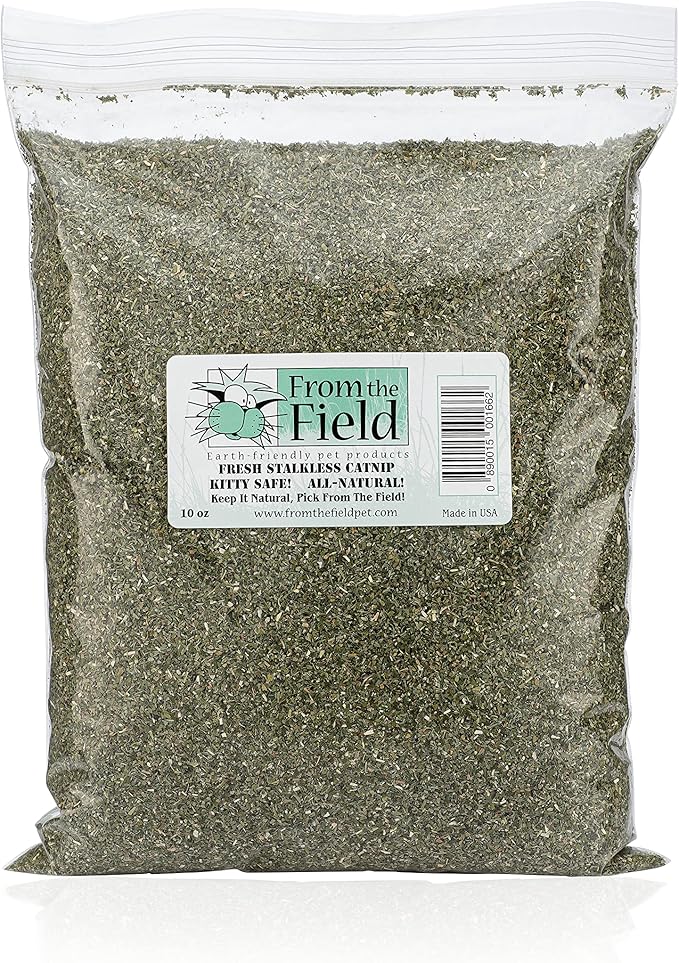 from The Field | Fine Ground Stalkless Catnip | Premium USA-Grown Catnip for Toys & Playtime | Fresh, Potent, Non-Toxic, Eco-Friendly | Safe for Kittens & Cats | Resealable 10 Oz Bag-Mewly Pet