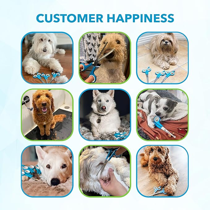 BOSHEL 3 Pc Dog Grooming Scissors Kit - 7" Scissor For Body Hair Trimming, 6" Small Micro-serrated Scissor For Face, Ear, & Paws, Thinning Shears For Dogs - Professional Dog Grooming Kit For Cat & Pet-Mewly Pet