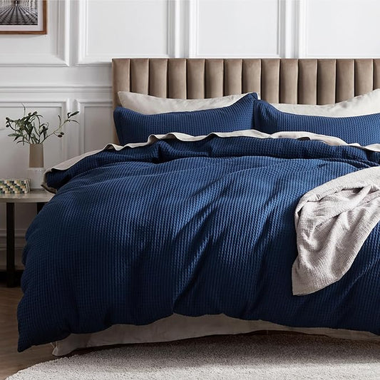 Bedsure Cotton Duvet Cover Set - 100% Cotton Waffle Weave Navy Duvet Cover Oversized King Size, GentleSoft™ and Breathable Bedding Set for All Season, 3 Pieces, 120"x98"