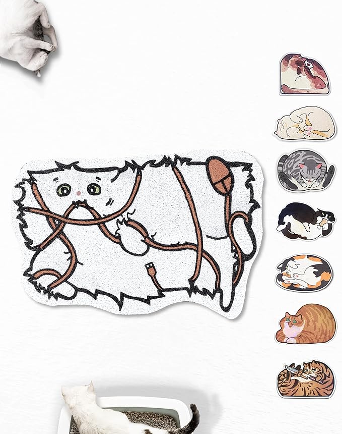 Lukamoo® Cute Cat Litter Mat (30’’x20’’), Extra-Large/XL, for Kitty Litter & Cute Cat Litter Box, Litter Trapping Mat (Long Hair White)-Mewly Pet