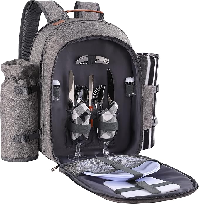 Apollo Walker Picnic Backpack Set for 2 Person with Cooler Compartment, Detachable Bottle/Wine Holder, Fleece Blanket, Plates and Cutlery Set-Mewly Pet