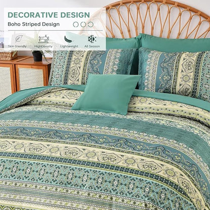 Cottolester Boho Queen Comforter Set 8 Pieces,Green Bohemian Comforter Paisley Striped Bed in A Bag,Soft Microfiber Bedding Set for All Season