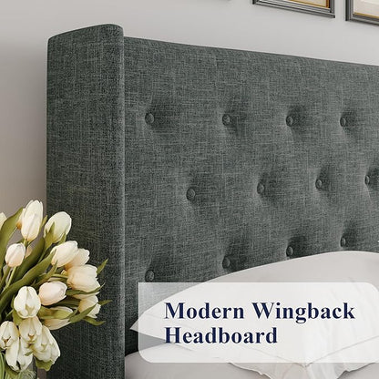 Allewie Queen Size Lift Up Storage Bed, Button Tufted Headboard with Wingback, Hydraulic Support, No Box Spring Needed, Dark Grey
