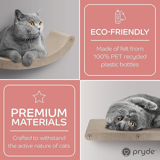 Wall Mounted Cat Steps Short Shelves (2) by Pryde Pets - Stairs for Walkways, 100% Sustainable PET Felt Feline Enrichment Climber Furniture for Indoor Cats, Modern Climbing Gym Design (Oatmeal)-Mewly Pet