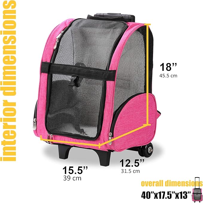 KOPEKS Deluxe Backpack Pet Travel Carrier with Double Wheels for Pets up to 18 Pounds - Pink-Mewly Pet