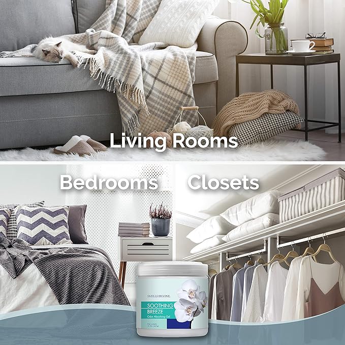 SMELLS BEGONE Air Freshener Odor Absorber Gel - 15 oz, Pack of 2 - Absorbs and Eliminates Odor in Pet Areas, Bathrooms, Cars, & Boats - Made with Essential Oils - Soothing Breeze Scent-Mewly Pet