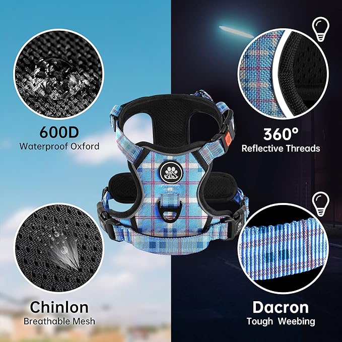 NESTROAD No Pull Dog Harness with Leash, Reflective No Choke Pet Vest Harness,Adjustable Soft Padded Dog Harness with Easy Control Handle for Medium Dogs(Checkered Blue,Medium)-Mewly Pet