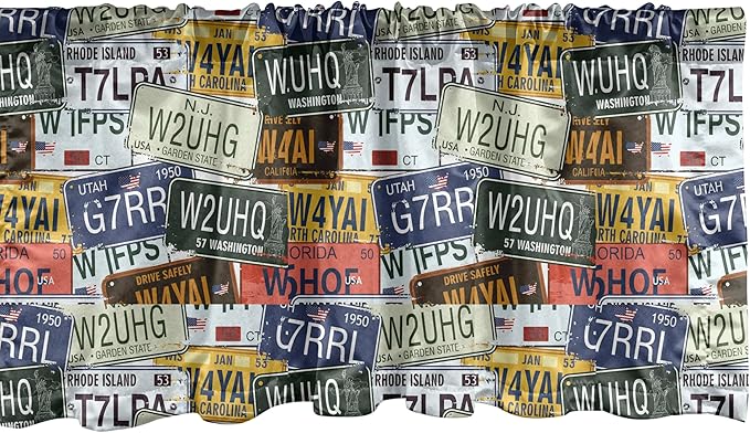 Ambesonne Vintage Window Valance, Original Retro Style License Plates Personalized Creative Travel Vacation, Curtain Valance for Kitchen Bedroom Decor with Rod Pocket, 54" X 18", Green Blue Yellow