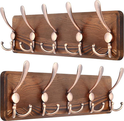 SKOLOO Coat Rack Wall Mounted - Pack of 2, Wooden, Heavy Duty, Rustic Coat Hooks for Wall, Wall Coat Rack with 5 Triple Hooks for Hanging Clothes, Jacket, Hat(Brown & Retro Red)