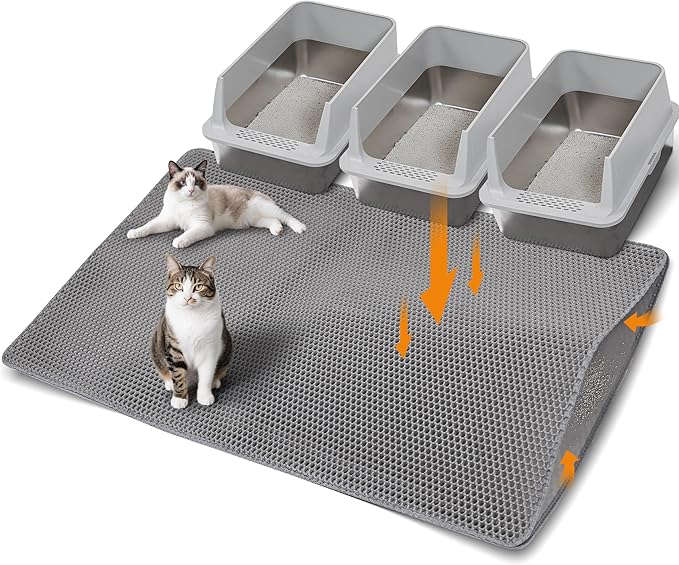 Large Cat Litter Mat for Litter Box, 47"×33" Double Layer Trapping Mat, Non-Slip Water Proof Kitty Litter Pad, Grey-Mewly Pet