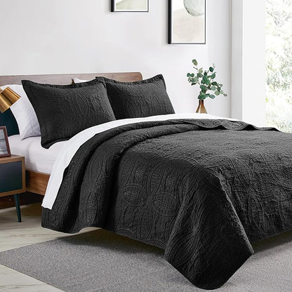 Love's cabin Quilts for Queen Bed Black Bedspreads - Soft Bed Fall Lightweight Bedspread Comforter - Modern Style Coin Pattern Coverlet for All Season - 3 Pieces (1 Quilt, 2 Pillow Shams)