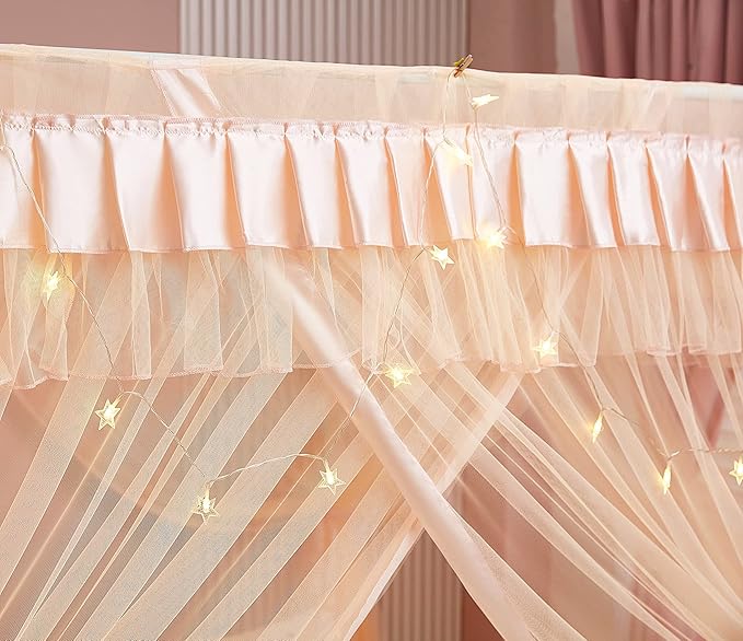 Mengersi Canopy Bed Curtains - Bed Canopy Royal Luxurious Cozy Drapes Netting- Elegant Bedroom Decoration Accessories for Adults(Queen,Peach)