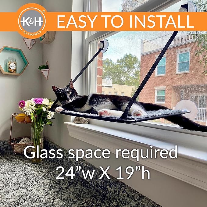 K&H Pet Products EZ Mount Cat Window Perch for Large Cats, Sturdy Kitty Sill Window Hammock Bed, Steel Frame, Sturdy Suction Cups, Washable Shelf Cover, Foldable - Fits 27"W X 23"H Glass Spaces-Mewly Pet