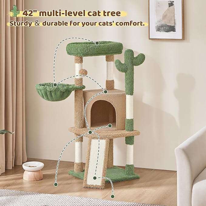 Yaheetech Cactus Cat Tree, 42in Cat Tower for Indoor Cats, Multi Level Kitten Condo Scratching Post, Pet Activity Center Furniture w/Ball, Plush Perch, Platform, Basket, Brown/Green-Mewly Pet